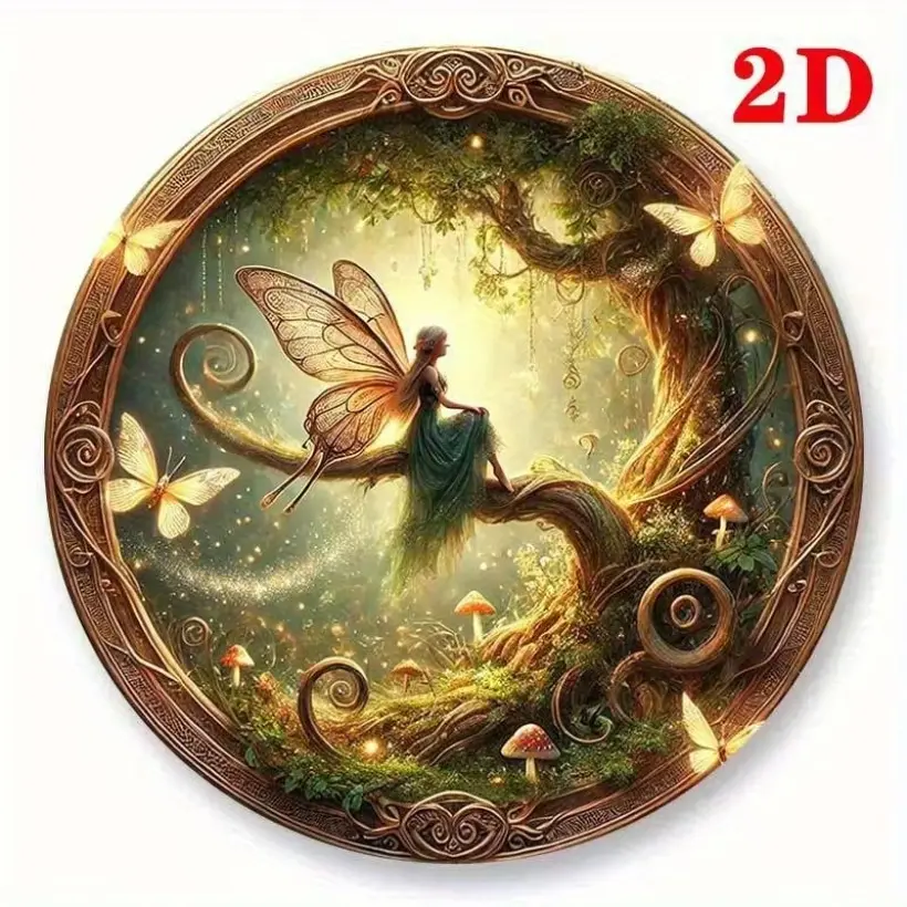 Magic fairy with tree round metal wall decoration, no electricity, pre-drilled for easy installation, 2D plane, Home Wall Decor