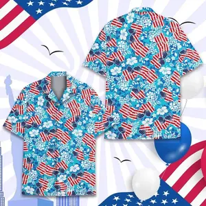 USA Flag Flip Flop Hibiscus Hawaiian Shirt Men Women Patriotic Tropical Floral Blue Casual Loose Cool Beach Summer 4th July Independence Day Aloha