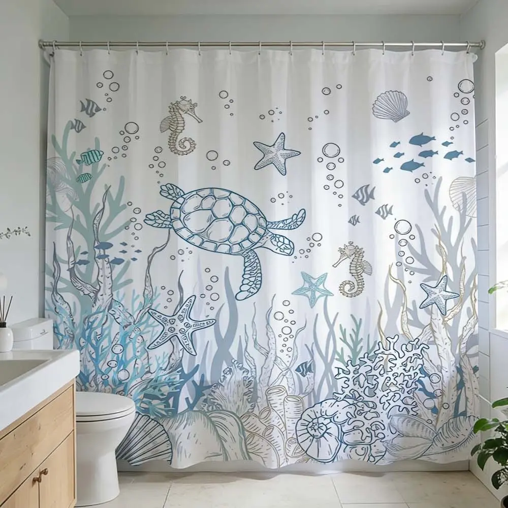 1 Pc Ocean-themed shower curtain, Hook adds coastal charm to your bathroom with sea life illustrations and serene blue hues perfect for beach-styled bathroom design and home decoration during a renovation creating marine ambiance in your bathr