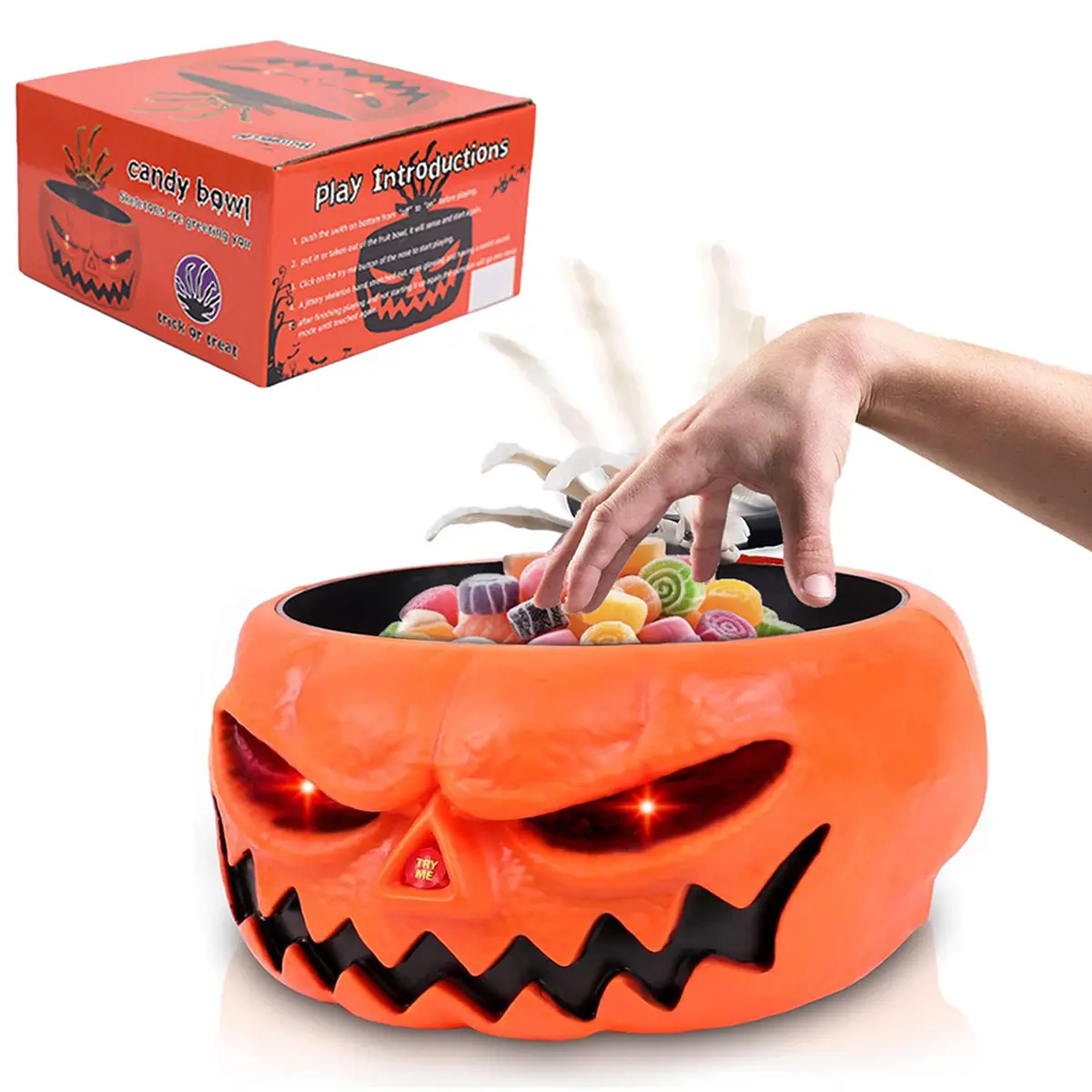 Halloween Candy Bowls, Skeleton Pumpkin Candy Bowls with Motion Sensors and Button Controls, Automatic “Trick-or-Treat” Candy Bowls for Halloween Party Decorations