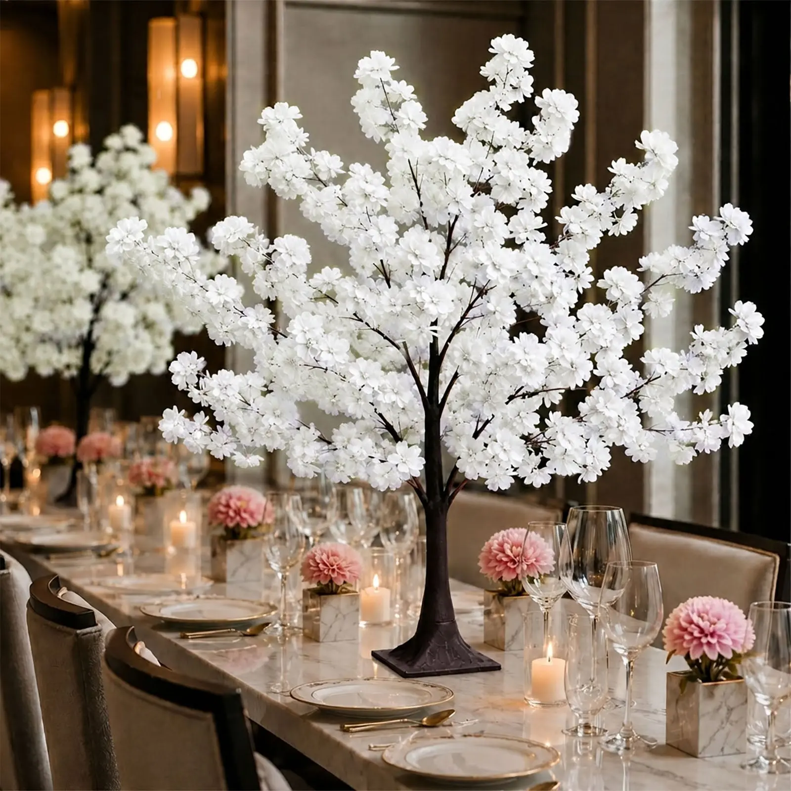 3ft White Lifelike Artificial Silk Cherry Blossom Tree Centerpiece - Decorative Sakura Wishing Tree with Metal Base, Home Decor Accent