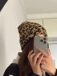 Boho Leopard Knit Beanie Hat, Fall & Winter Vintage Street Style, Warm Fitted Asymmetrical Design, Fashionable Ear Protection Cap