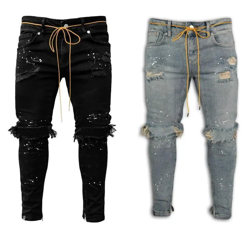New Men's Slim Fit Ripped Ankle-Tied Pants New Men's Paint Jeans