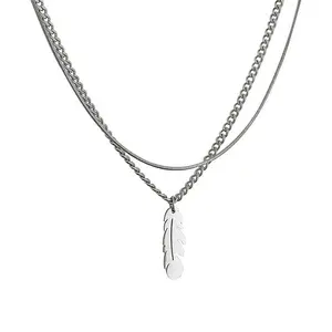 Fashion hip-hop double-layer snake bone chain feather necklace basic style simple style versatile niche design personality trend clavicle chain