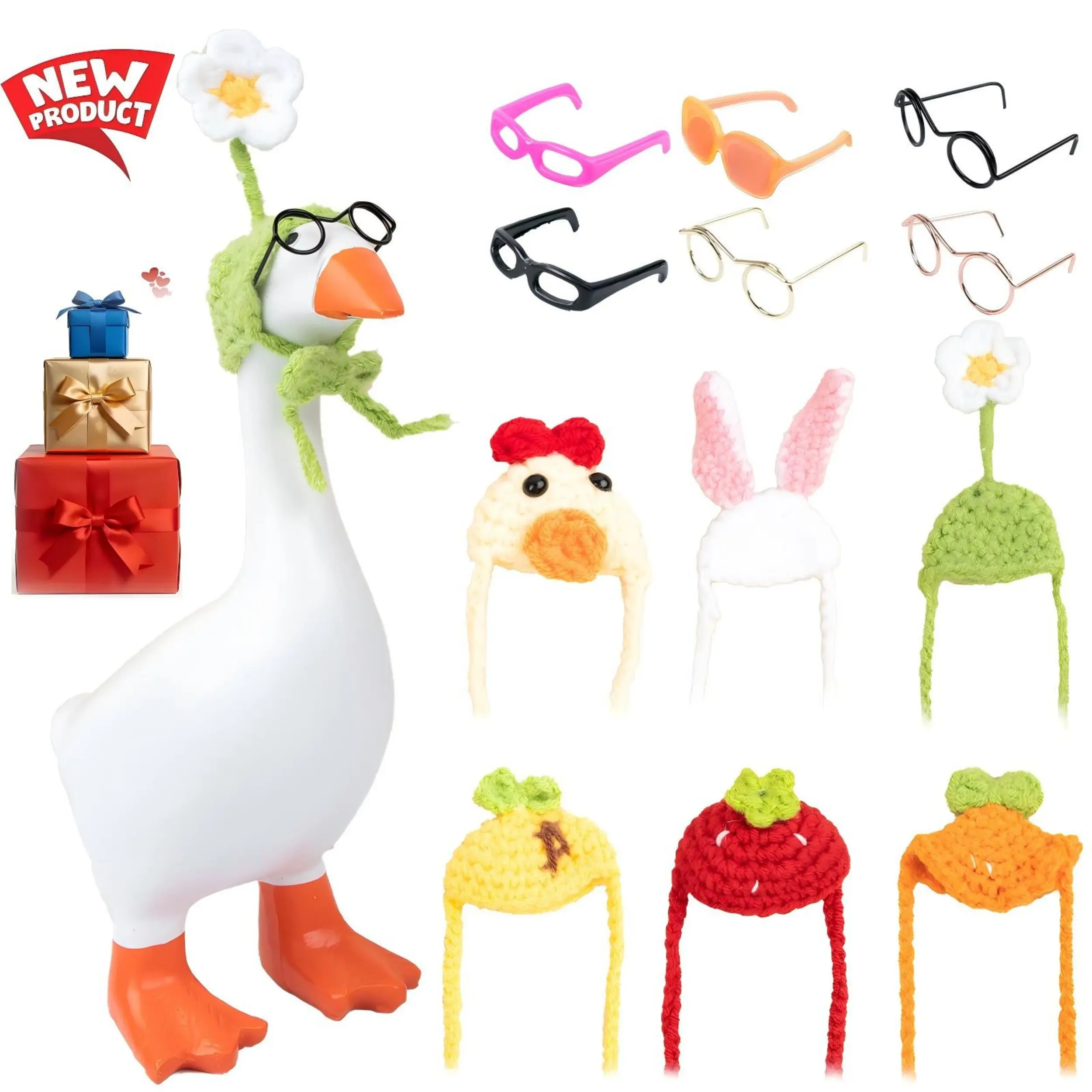 6 Packs 7" Mini Desk Goose Knit Hat & Sunglasses Sets - Cute Headwear Accessories for Magnetic Porch Goose Statues | Desktop Decor