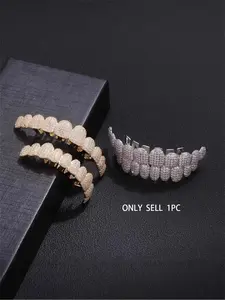 Hiphop Gold Grillz Full Diamond Teeth Grills Rapper Style Streetwear Trendy Personalized Jewelry Real Gold Plated Resin Material Statement Piece