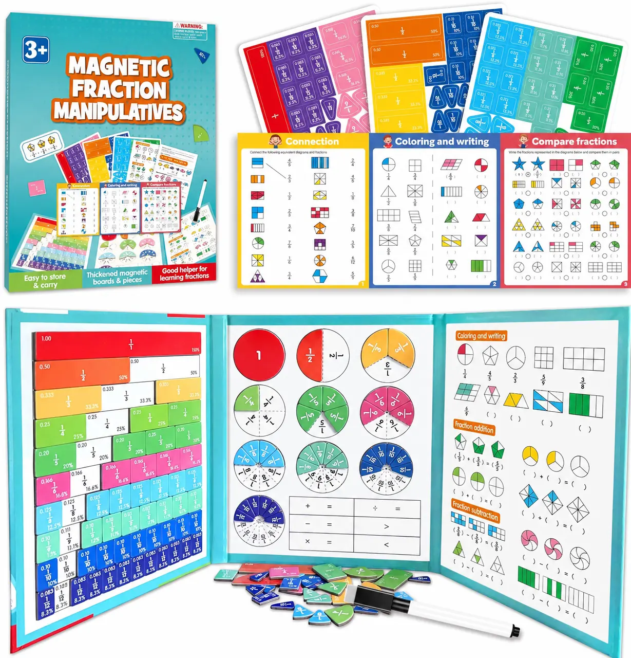 Magnetic Fraction Educational Puzzle, Magnetic Fraction Demonstration Book with Fraction Tiles & Circles, Montessori Fraction Manipulatives for Elementary School, Maths Learning Toys for Kids