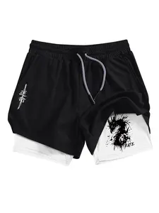 Men's Regular Fit Dragon & Letter Print Pocket Gym Shorts, Breathable Quick Drying Shorts for Gym Workout Running, Casual Sporty Shorts for Men, Athleisure Casual Shorts