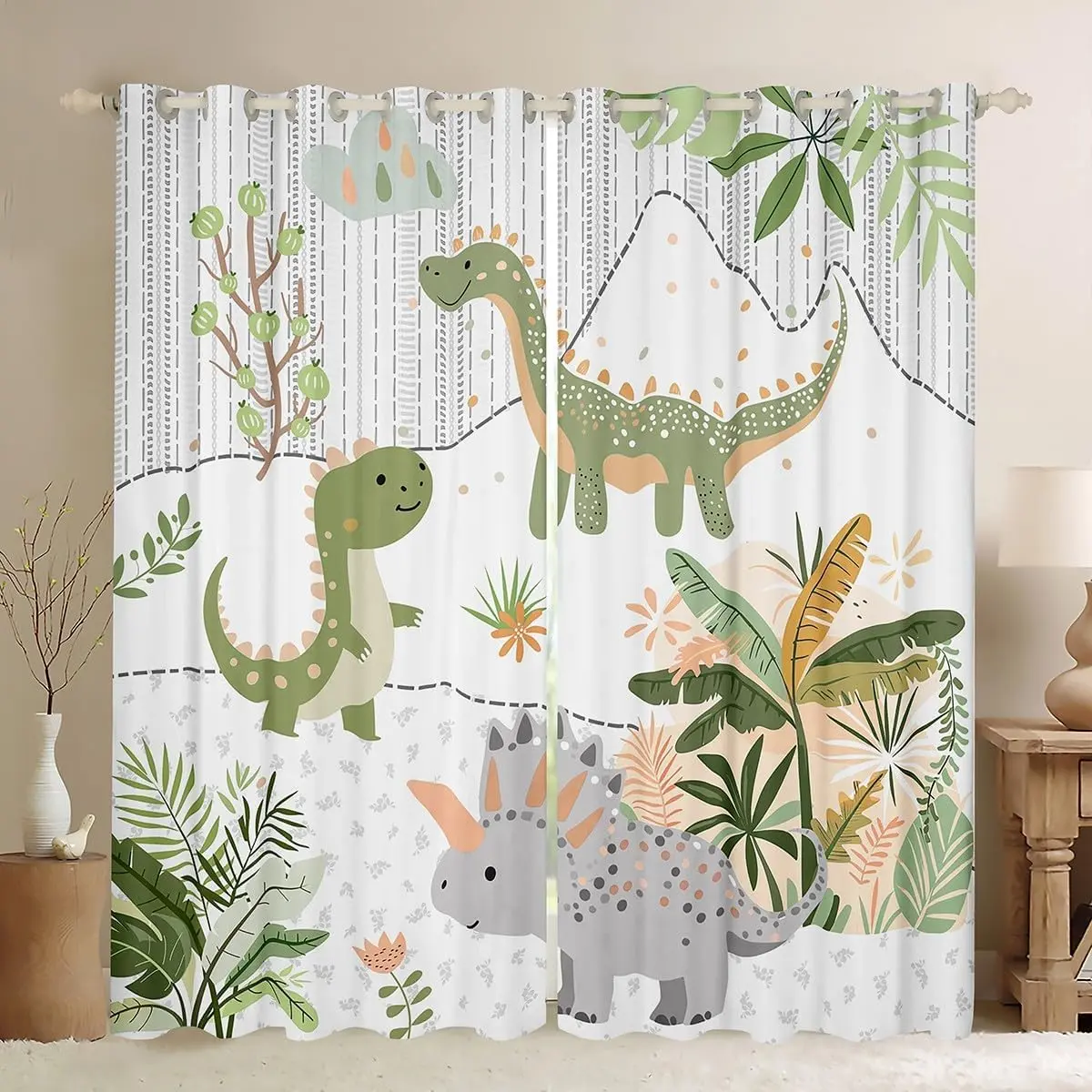 Kids Cute Dinosaur Window Curtains for Bedroom Living Room Cartoon Green Dinosaur Curtains Blackout Cute Animal Window Drapes Coconut Plant Window Treatments,2 Panels