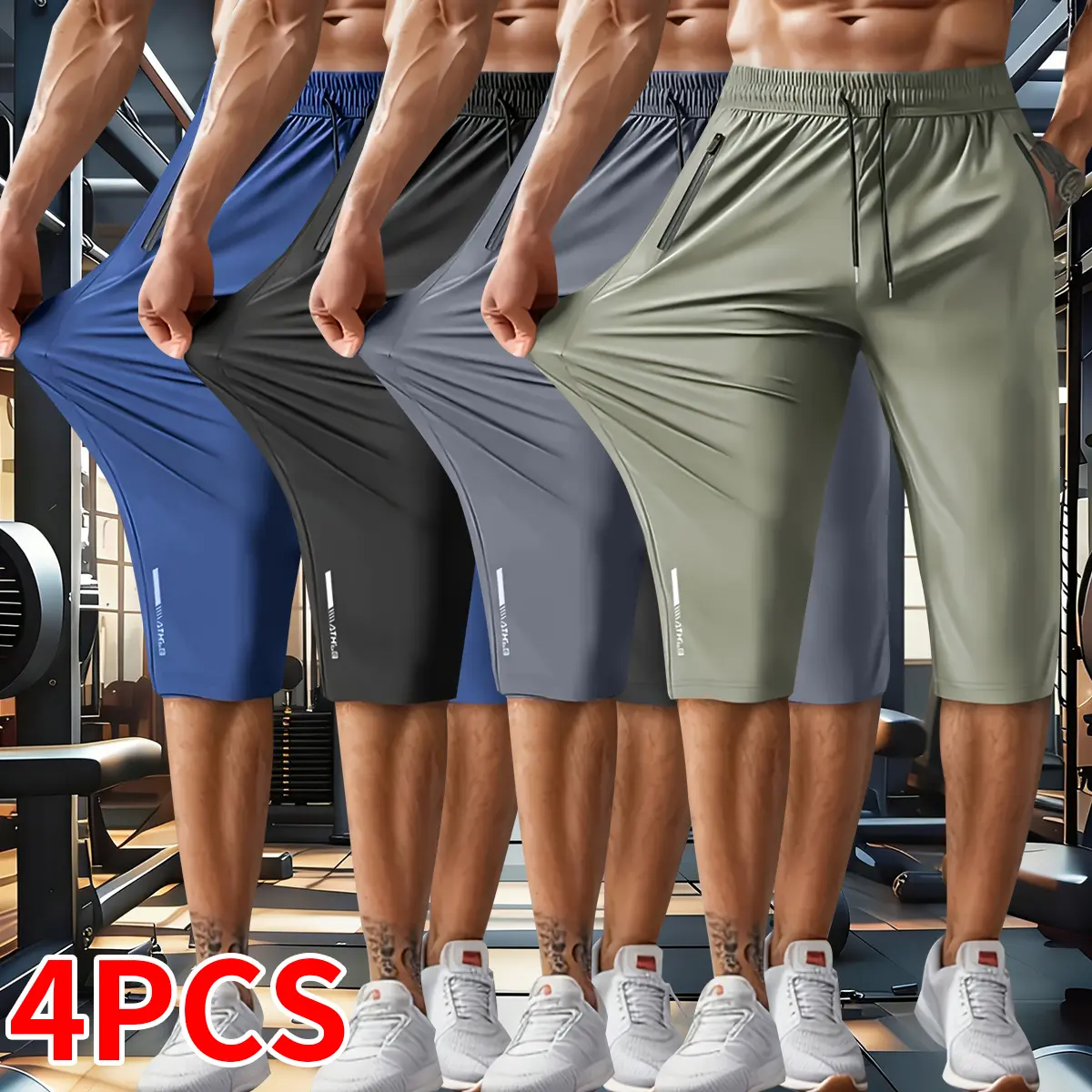 Pack of 4 men’s stretch ice silk athletic shorts with a drawstring elastic waistband and moisture-wicking pockets—suitable for running, gym workouts, casual wear, and outdoor activities., Elastic Shorts Set, Side Pocket Shorts