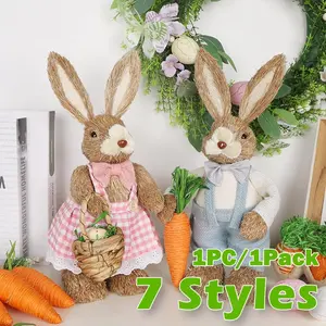 35cm Easter Straw Rabbit Woven Bunny Easter Decoration Sculpture Yard Party Home Easter Ornament Statuette Decoration Garden Sculptures Statues