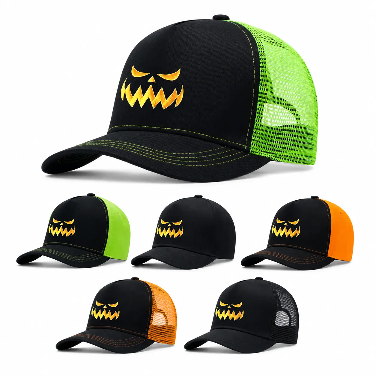 Halloween Trucker Hat Pumpkin Face Graphic Cap, Spooky Jack O Lantern Mesh Snapback Hat, Black Orange Green Adjustable Baseball Hat for Men Women Fall Party