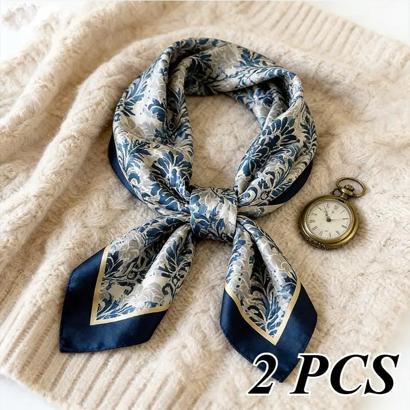 Decorative Scarf for Women, Vintage Retro Baroque Print Satin Head & Neck Wrap, 90x90cm Large Square, Lightweight Accessory for Travel & Affordable Fashion, Floral Print Shawl, Wrinkle-Free, All Season Shawl, Female, Elegant, Polyester, Blue Damask Patter