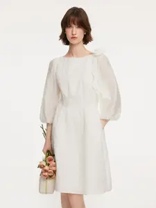 Jacquard Boat Neck Women Midi Dress With Detachable Flower Fit Womenswear