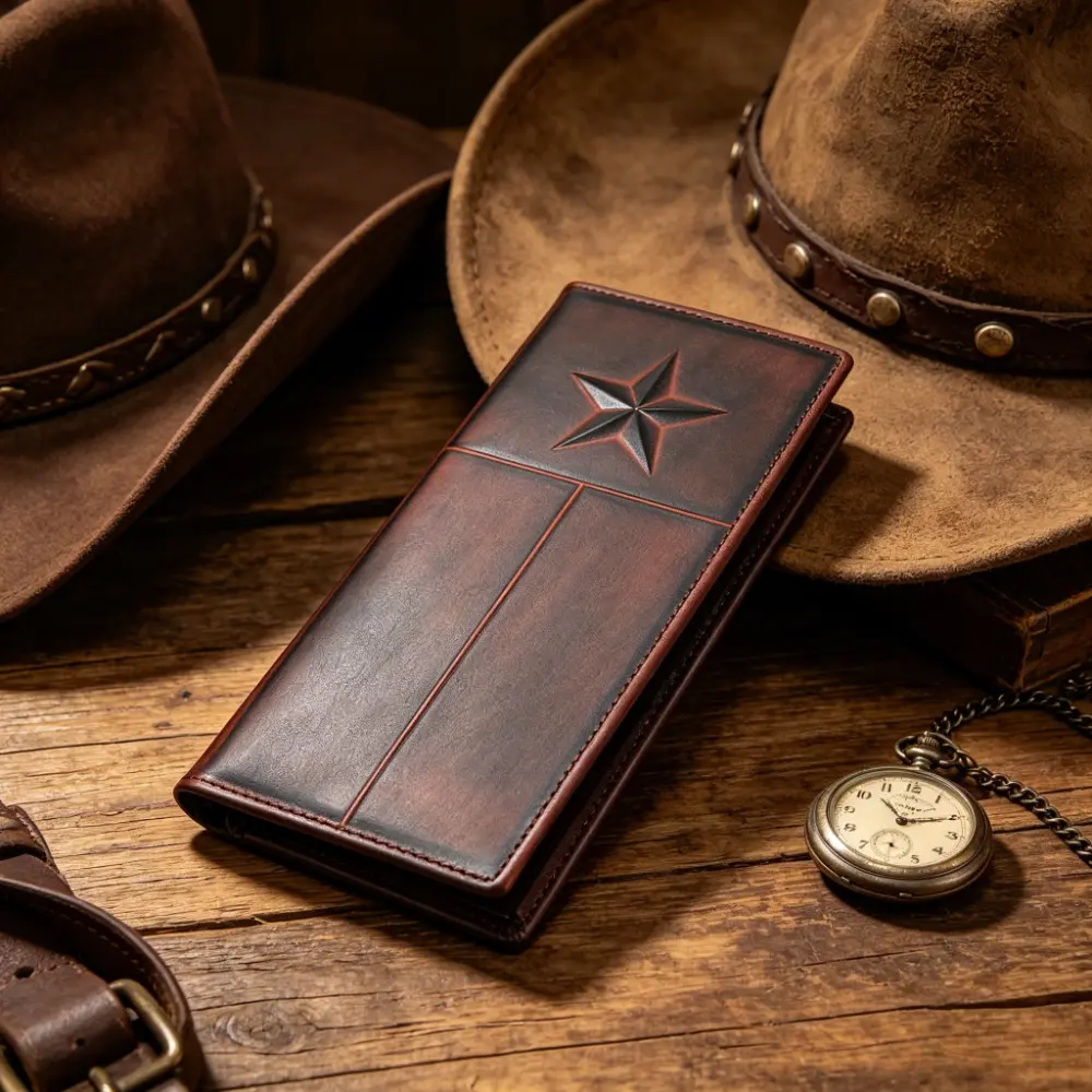 Men's Western Cowhide Wallet - Star Embossed Full Grain Cow Hide, Vintage Long Bifold, High Capacity, Casual Wear Mens Wallet, Dry Clean