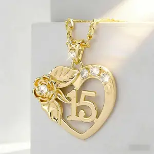 15th Birthday Necklace, Comingof Age Gift, 14k Plated Hollow Copper Heart Flower Pendant Jewelry forBirthday, Anniversary, Valentine's Day Gift for Loved Ones