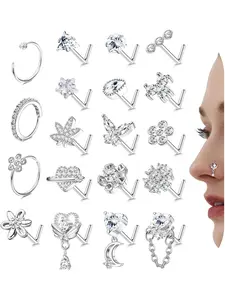Nose Rings L Shaped Nose Studs Ring Hypoallergenic Stainless Steel Nose Ring-Dangle CZ Cubic Zirconia Butterfly Flower Nose Studs Hoops Piercings Jewelry Gift for Women Men Body Piercing Jewelry 20G Pink/Blue/Clear
