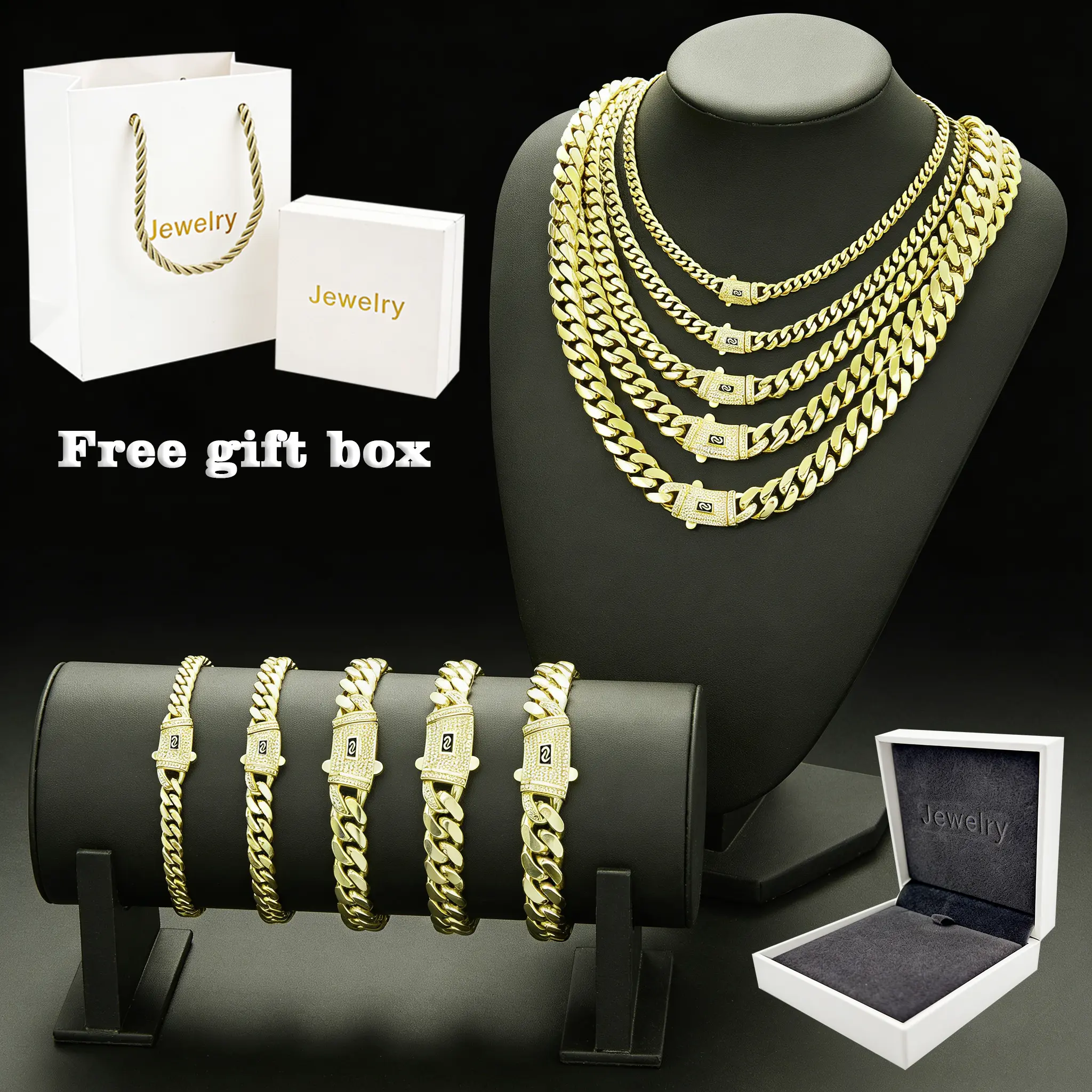 6-14mm 14K Real Gold-Plated Cuban Jewelry Set  The Latest Electroplating Process for Rust Prevention Waterproof, Fade-Proof Hypoallergenic  Monaco Miami Link Chain Items 6-14mm Sizes Hip-Hop Style Fashion Timeless Shine for Every Look men's jewelry
