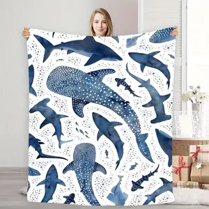 Whale Shark Sealife Pattern Cozy Flannel Throw Blanket – Ocean-Inspired Gift for Kids Boy Girl Adult & Shark Lovers – Throw Perfect for Bed, Couch, Travel, or Beach Nap Picnics Shark Week