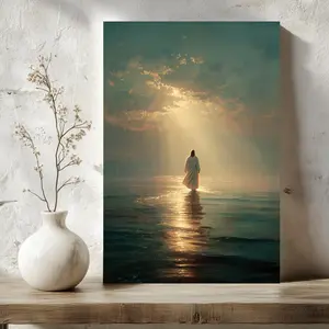 Christian Jesus Walking on Water Canvas Art Poster, Divine Light Spiritual Wall Decor, Ready-to-Hang Religious Home Decor, Faith-Inspired Gift for Christians