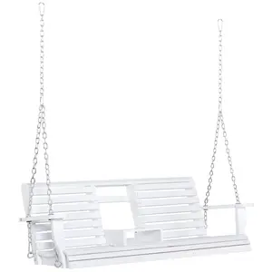 White 3 Seater Wooden Hanging Porch Swing With Folding Coffee Table Cup Holders And Steel Chains Polyurethane Waterproof Finish 440Lbs Load For Patio Backyard Sunroom