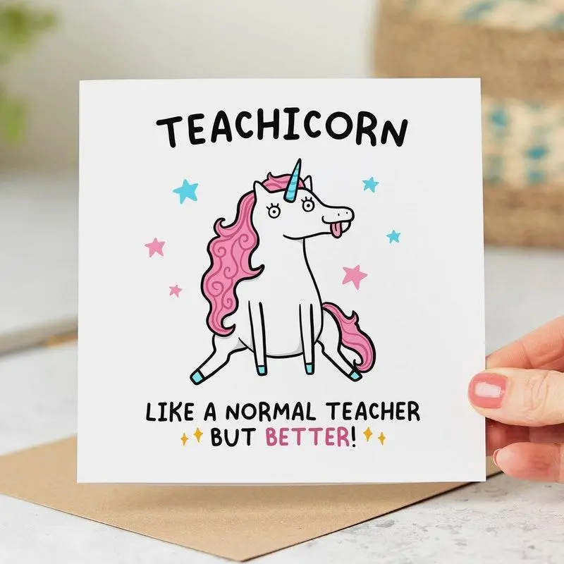 Teacher Unicorn Card, Cute Cartoon Unicorn Greeting Card, Thank You Card, Birthday Card, Graduation Card, Greeting Card for Teacher