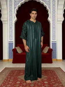 Muslim Traditional Robe Moroccan Style Men's V Neck Embroidered Long Robe, Fashionable Muslim Clothing, Eid Festival, Casual