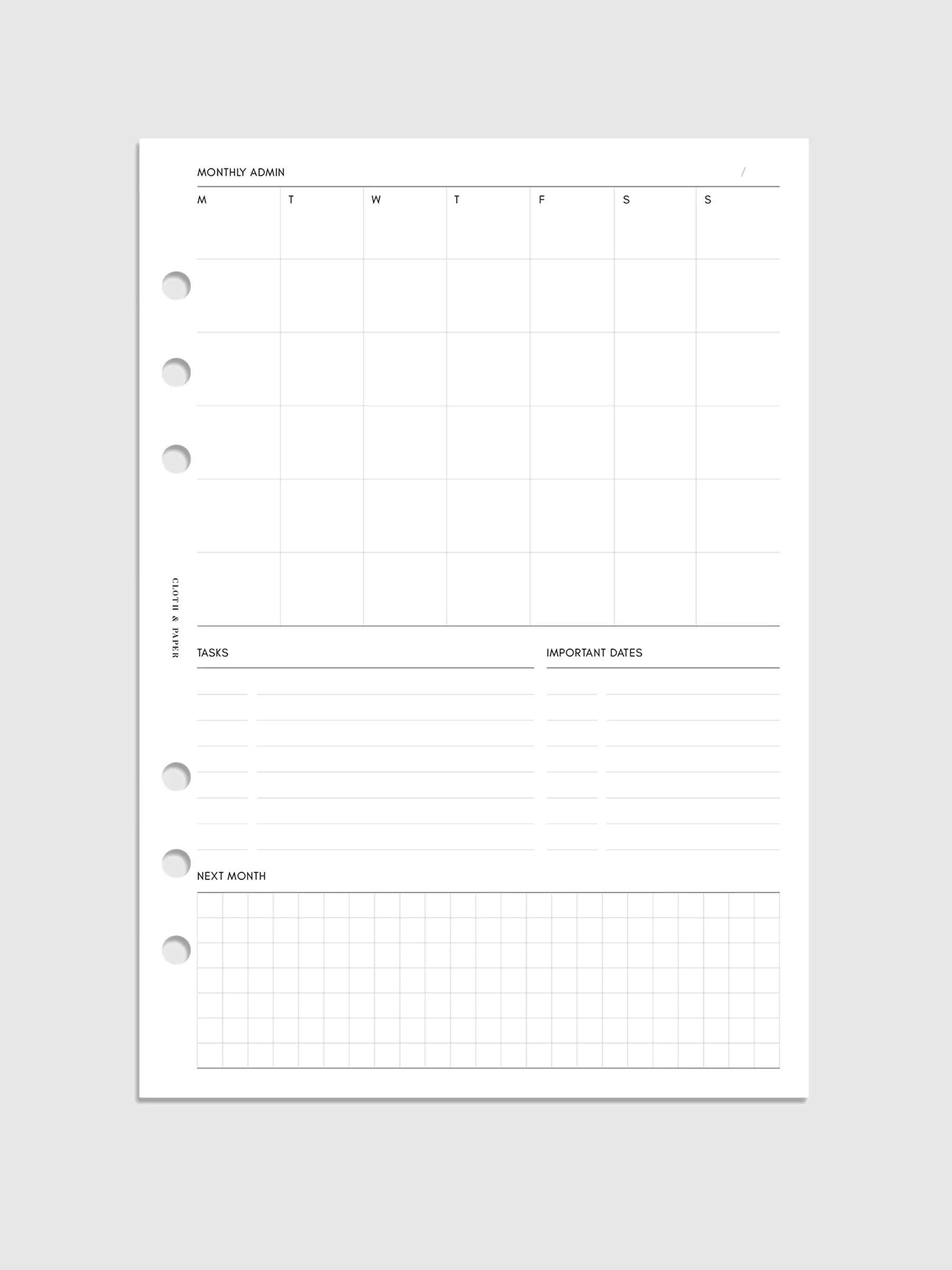 Monthly Admin Planner Inserts | Monday Start