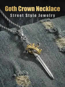 Vintage Gothic King Crown Sword Pendant Necklace, Royal Crown and Holy Sword Amulet, Retro Stainless Steel Punk Knight Style Men's Necklace, Spiritual Guardian Charm Necklace