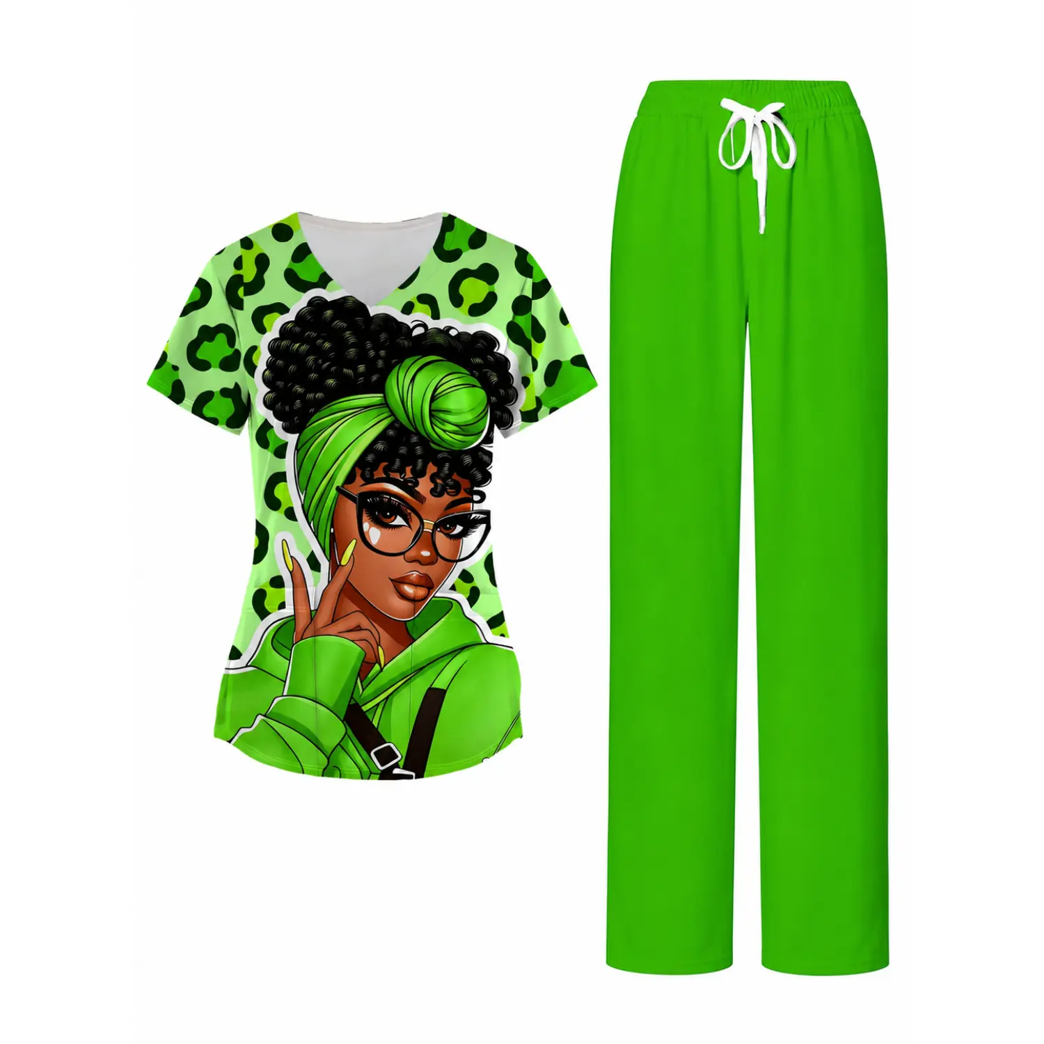 Bright Green Leopard Print Nurse Scrub Set, Custom Black Woman Illustration, Elastic Waist Pants Womenswear Clothes