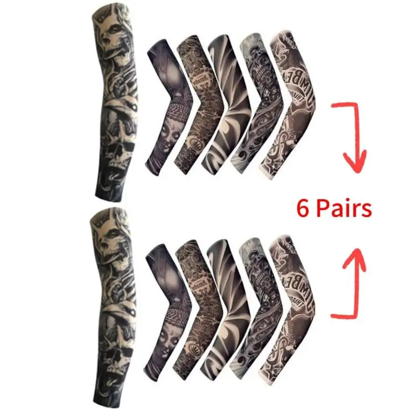 6pcs Cycling Sports Tattoo Sleeves, UV Cool Arm Sleeves, Cycling Running Arm, Warmer Sport Elastic Oversleeve Arm Warmers