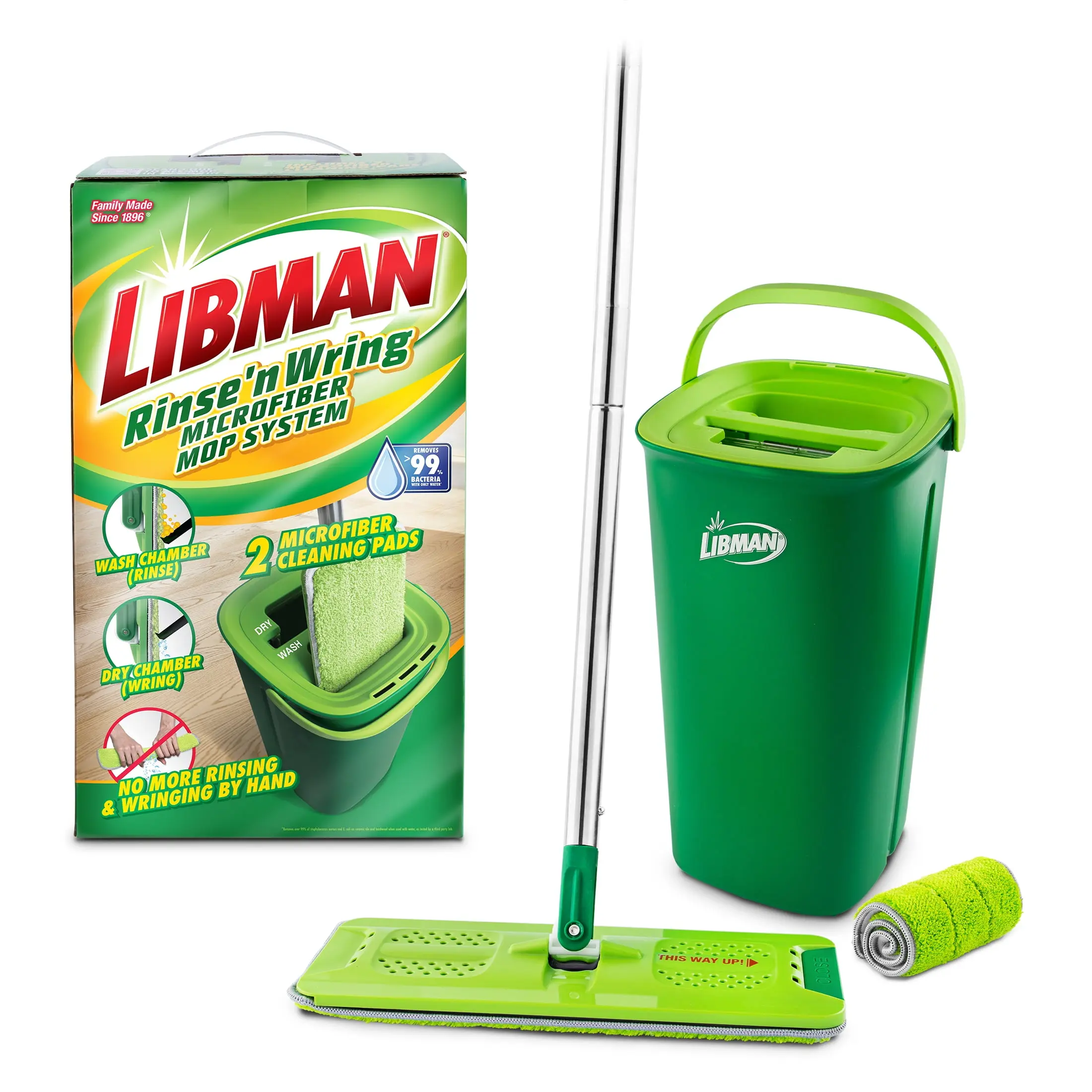 Libman 1032091 13-in. Adjustable Rinse N Wring Microfiber Wet/Dry Mop with Bucket, 50" Handle, 2 Pads, Green Home Cleaning Tool for Residential/Commercial Use, Fast Fluid Removal, Rinse-Clean Spin Functionality, Two Pads
