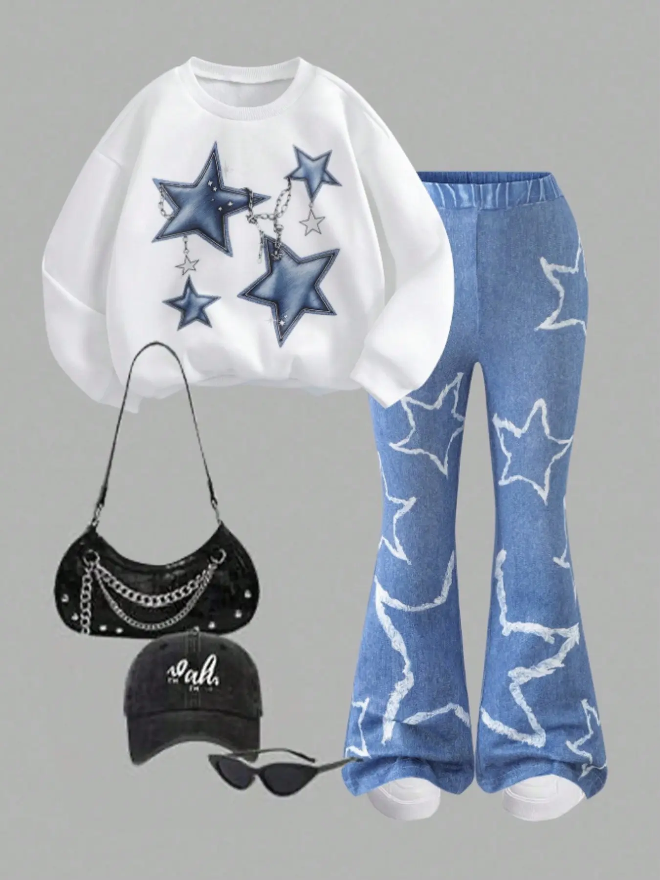 Girls' Casual Star Pattern Long Sleeve Sweatshirt + Bell Bottom Pants Set, Spring & Fall Outdoor Wear, Comfortable Fabric, Perfect Gift Clothing Sets, Set Outfit