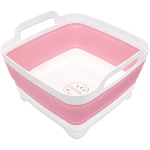 2.4 Gal(9L) Collapsible Dish Basin with Drain Plug, Space Saving Outdoor Multiuse Foldable Sink Tub, Dishpan, Kitchen Storage Tray for Camping, Vegetable Washing, RV (Gray)
