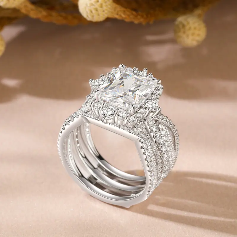 Jeulia 925 Sterling Silver Wedding Ring Set, Interchangeable Twisted Diamond Halo Pave Band with 5.2 ct Radiant Cut Stone, Stackable Jewelry for Weddings, Diamond Halo Ring, Rings