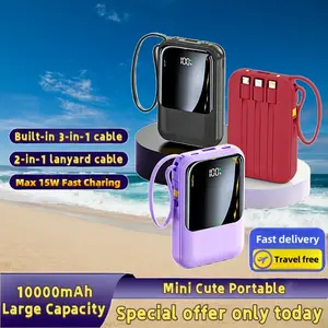 Mini Cute 5V2A Fast Charging Portable Power Bank 10000mAh | Compact, Built-in 4 Cables, Vibrant Colors, Ultra-bright Dual LED Light, Outdoor Travel Battery Packs, Smart Digital Display, Perfect for iPhones, Great Gift