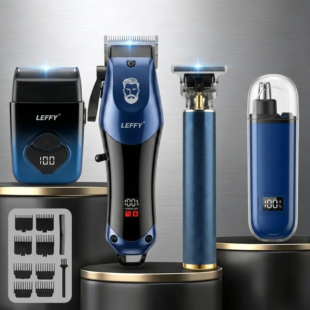 LEFFY Men's 4-in-1 Cordless Professional Haircutting Set - USB-C Charger, Digital LCD, High-Speed Motor, Quiet Cut, Titanium Blade, Detail Trimmer, Nose Hair Trimmer, Mini Electric Shaver, Full Metal Body, Complete Accessories, Luxury Grooming Gift