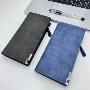 Men's Long Vintage Wallet Business Snap Closure Zipper Wristlet Billfold in Gray and Blue
