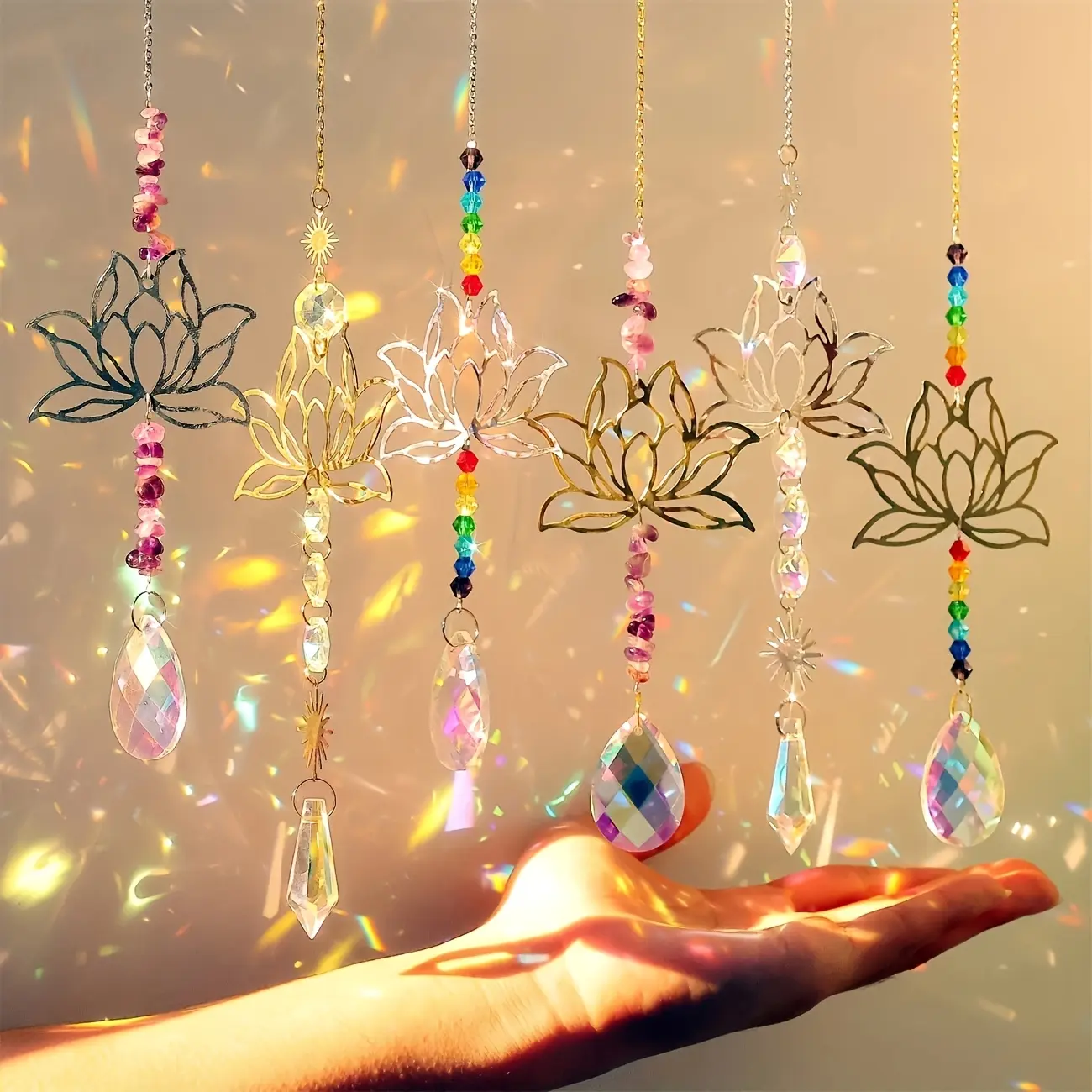 6-Piece Lotus Glass Light Catcher Set, Colorful Crystal Decorations Hanging Decor for Home Window Display, Wedding Decoration, Holiday Themes, Interior Decoration Accessories, Trippy Room Decor, Hangable Room Decor, Artistic Home Decor, Decoration Items