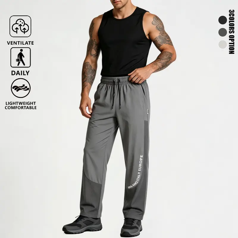 Men’s Ice Silk Quick-Dry Athletic Casual Pants - Elastic Drawcord Mid Waist, Quick-Dry Mesh Panels, Regular Fit Breathable Straight-Leg Trousers for Outdoor Fitness, Commuting