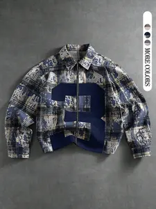 Men's Casual Colorblock Plaid Jacket, Fall Winter Turn-Down Collar Zipper Lined, Simple Fashion Trendy Versatile Unique Style