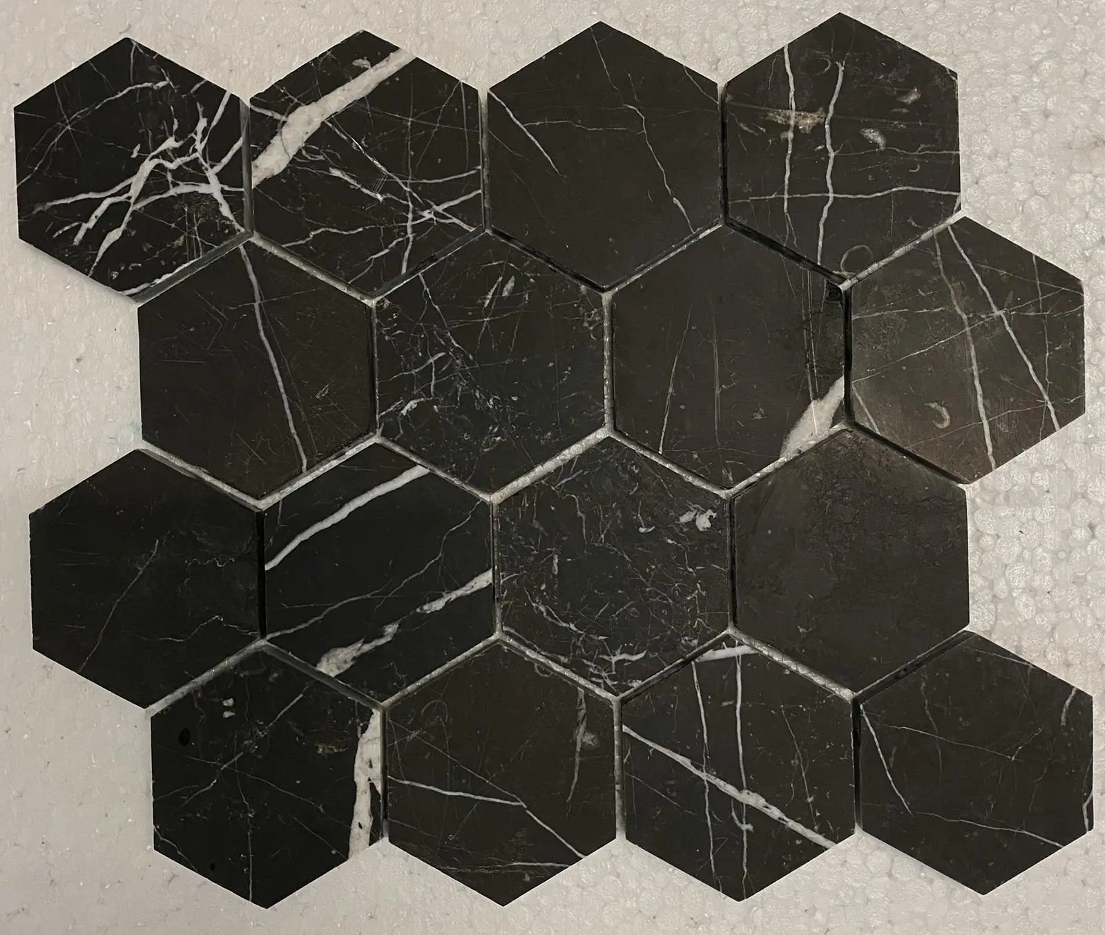 Nero Marquina Marble 3x3 Hexagon Honed Mosaic Tile, Natural Stone Decor for Home Improvement Flooring & Wall Applications