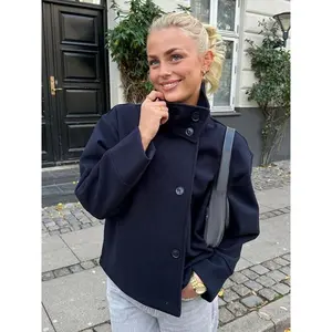 Women’s Stand Collar Wool Coats, Autumn 2025, Single-Breasted Loose Fit, Long Sleeve, Short Coat for Office/Street Wear