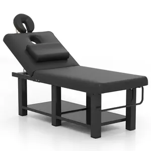 Heavy Duty Wide Stationary Massage Table Metal Frame PU Leather Spa Facial Professional Adjustable Massage Bed with Open-Chest & Headrest for Treatment Physical Therapy Tatoo Salon Equipment