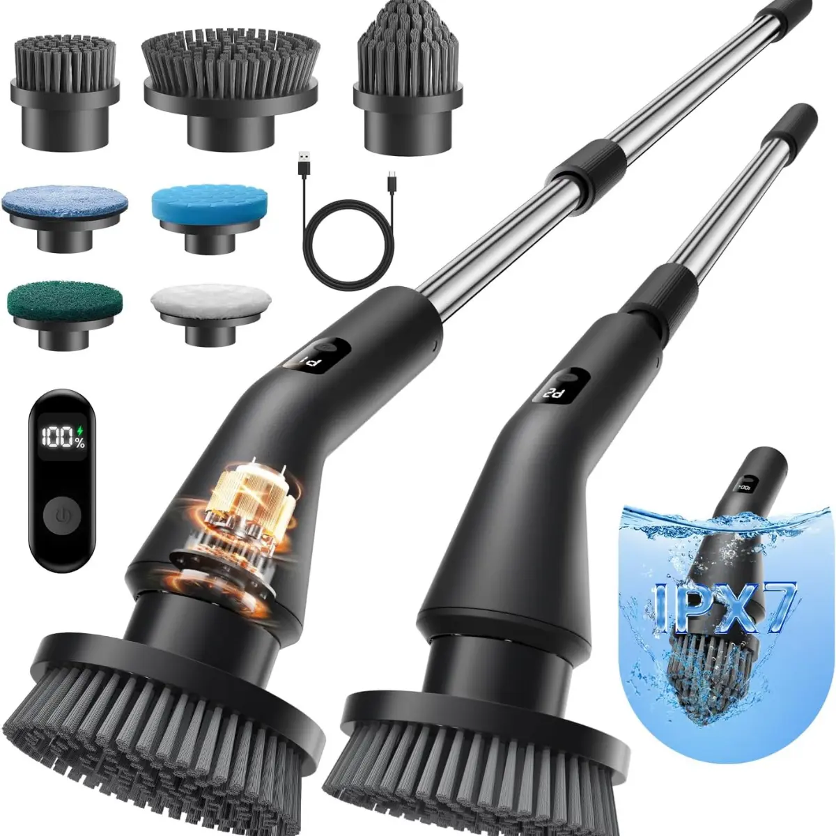 Leebein Cordless Electric Spin Scrubber 2026 Upgraded - IPX7 Water Resistant, 7 Brush Heads, Extendable Long Handle for Extended Reach, Spin Scrubbing for Bathtub, Floor (Household Electric Cleaning Appliance)