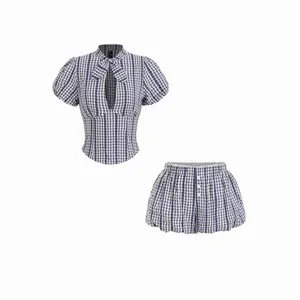 Cider Cotton-blend Gingham Stand Collar Puff Sleeve Cut Out Shirred Top & Mid Rise Bubble Hem Shorts Set