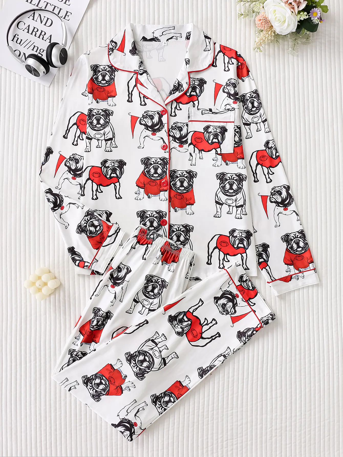 Women's 2-Piece Bulldogs Print Long-Sleeved Pajama Set - Button-Up Top, Matching Pants, Comfortable Casual Turks and Caicos Pajamas for Home Sleep & Daily Wear, All-Season Loungewear,sohochic