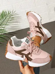 Spring Autumn Colorblock Women's Sport Shoes, Thick Soled Sneakers, Comfortable Breathable Arkan Style, Thick Sole Height Increase, Anti-Slip Pointed Toe Lace-Up, Casual Sport Sneakers, Footwear Sneakers