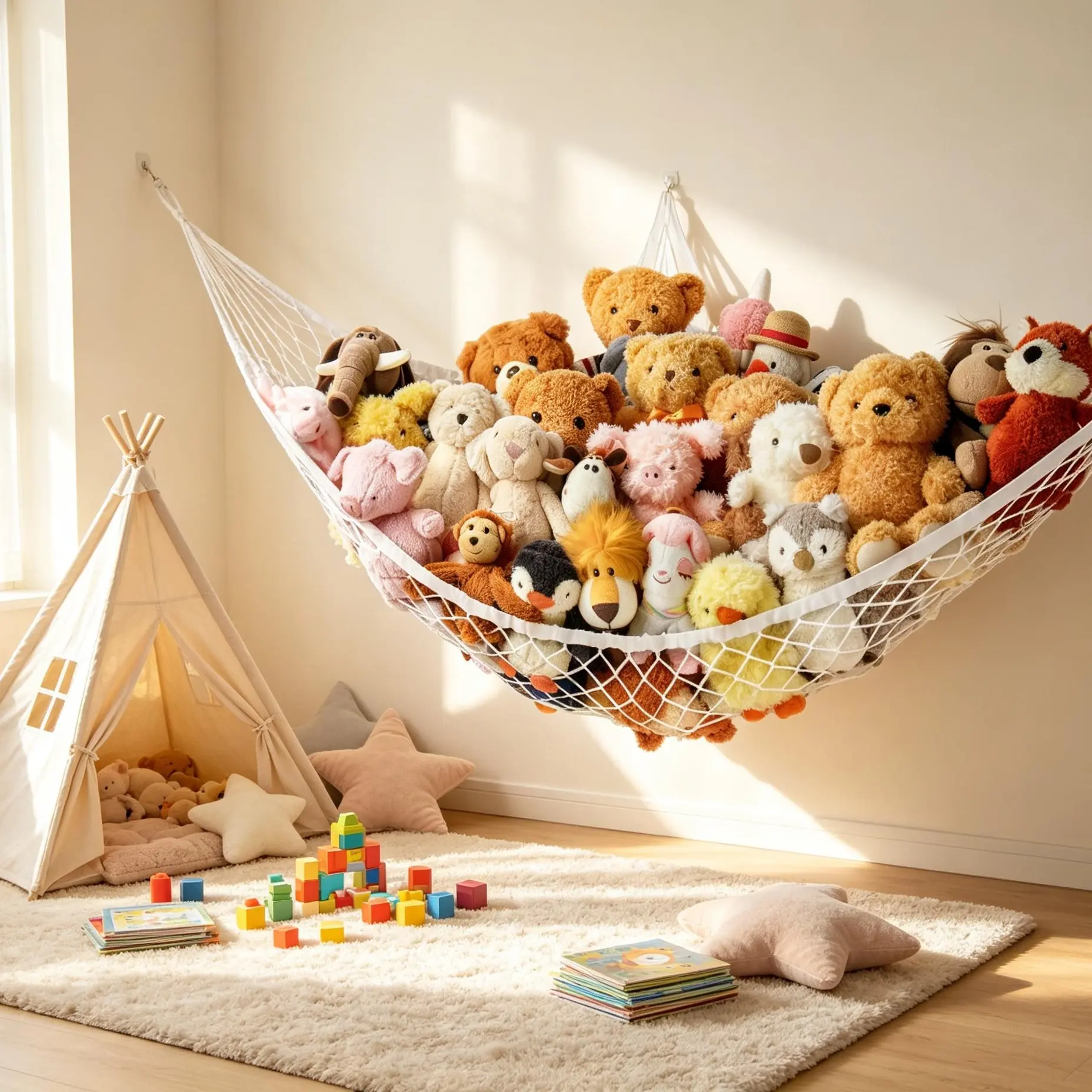 Corner Stuffed Animal Hammock Large Hanging Toy Storage Net, Wall Plushie Organizer for Stuffed Animals, Hanging Plush Hammock, Holds 12lbs, Complete Hanging Hardware, White Bedroom Kids Room Decor