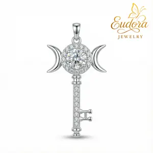 Eudora 2CT Moissanite Hecate Key Necklace, Triple Moon Goddess Pendant with Paved CZ, Silver Plated Witchcraft Amulet, Fashion Jewelry Gifts for Her